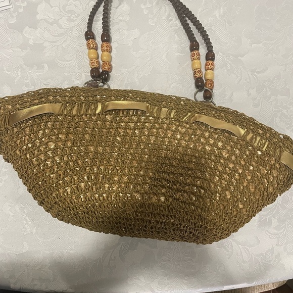 Unbranded Elegant olive greenMetallic Gold Woven Women's straw Beach bag - Picture 10 of 10
